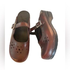 Dansko Burgundy Leather Mary Jane Clogs with Silver Buckles